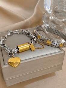 Juego de pulseras elásticas con colgante de acero inoxidable chapado en oro de 18K con diseño de amor y candado para mujeres y niñas, regalo para mamá, Navidad, Acción de Gracias, Halloween, boda, fiesta, diario, playa, aniversario, San Valentín, cumpleaños, dama de honor