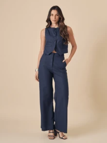 Linen Set With High Collar Vest And Pants With Lined Button Details - 藏蓝色 - 查看 1