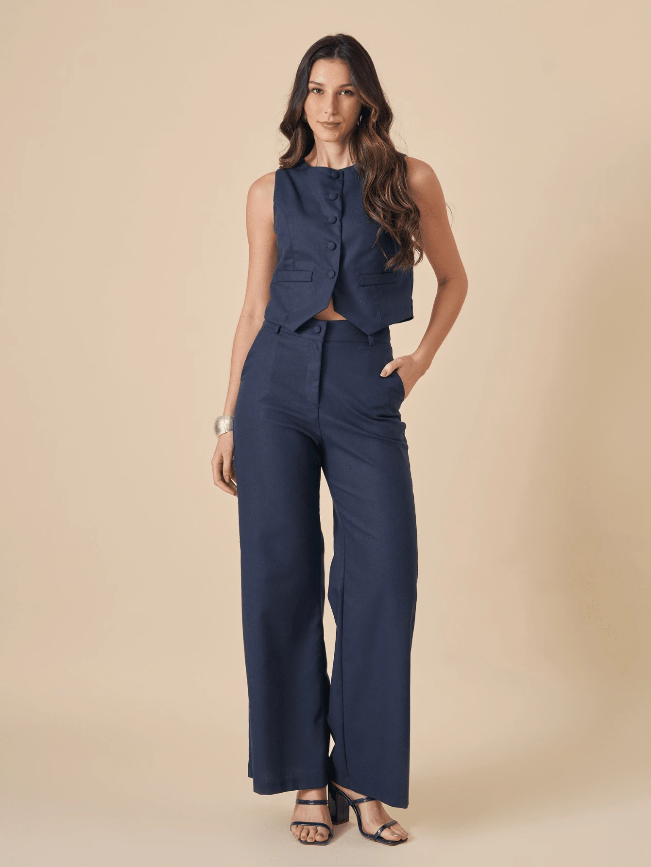 Linen Set With High Collar Vest And Pants With Lined Button Details - 藏蓝色 - 查看 1