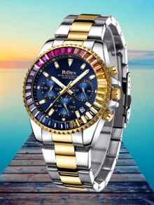 BIDEN New Men's Quartz Watch, Business And Leisure Chronograph, Rainbow Bezel Stainless Steel Strap, Waterproof Night Light Pointer Men's Watch, Automatic Date And 24-Hour Display - one-size - View 13