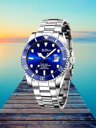 BIDEN Reloj de cuarzo para hombres BIDEN, resistente al agua, fecha automática, manecillas luminosas, correa de acero inoxidable, estilo de negocios
