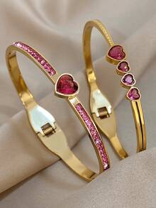 Bộ vòng tay trái tim lãng mạn bằng thép không gỉ mạ vàng 18K với đá Zirconia hồng và mặt dây chuyền pha lê dành cho phụ nữ, bé gái, quà tặng cho mẹ, quà tặng cho giáo viên, trang sức du lịch bãi biển mùa hè, trang sức Boho, phụ kiện tiệc tùng/vũ hội/hàng ngày, quà tặng trở lại trường, quà tặng sinh nhật, quà tặng phù dâu, phụ kiện Pride - Nhiều màu - Xem 2
