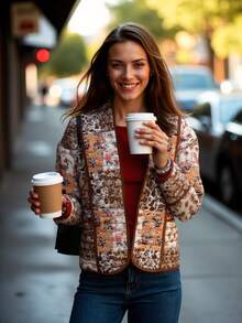 Abrigo acolchado con estampado floral colorido y solapa con botones para mujer, chaqueta corta de manga larga de color contrastante, para usar en otoño, Navidad y almuerzos