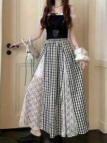 时尚蕾丝镂空拼接黑白格子A字褶裙 - 黑與白 - 查看 2