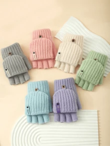 1 件儿童露指手套，冬季保暖半指翻盖针织手套，适合男孩女孩青少年，防寒 - 翻蓋手套 - 查看 1