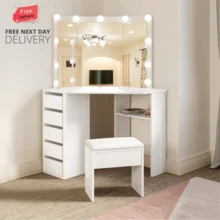 Corner Dressing Table - Mirror Dressing Table With Drawers, Stool, Storage Shelf, And Adjustable LED Lights - Vanity Bedroom Dressing Tables - Blanco - Ver 1