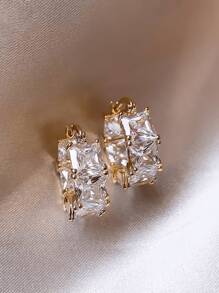 1 Pair Minimalist Cubic Zirconia Hoop Earrings, Fashionable Earring Studs With Unique Design, Everyday Jewelry Gift