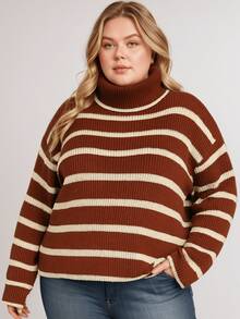 Marrie Tricot Striped Turtleneck Knit Blouse Cold Winter Elegant - 陶/米色 - 查看 3