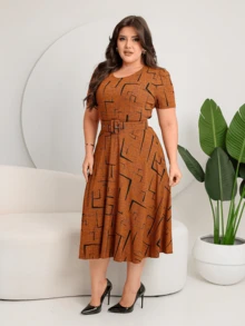 GODÊ MIDI DRESS WITH FULL SKIRT WITH BELT AND GEOMETRIC PRINT - Camel - Ver 4