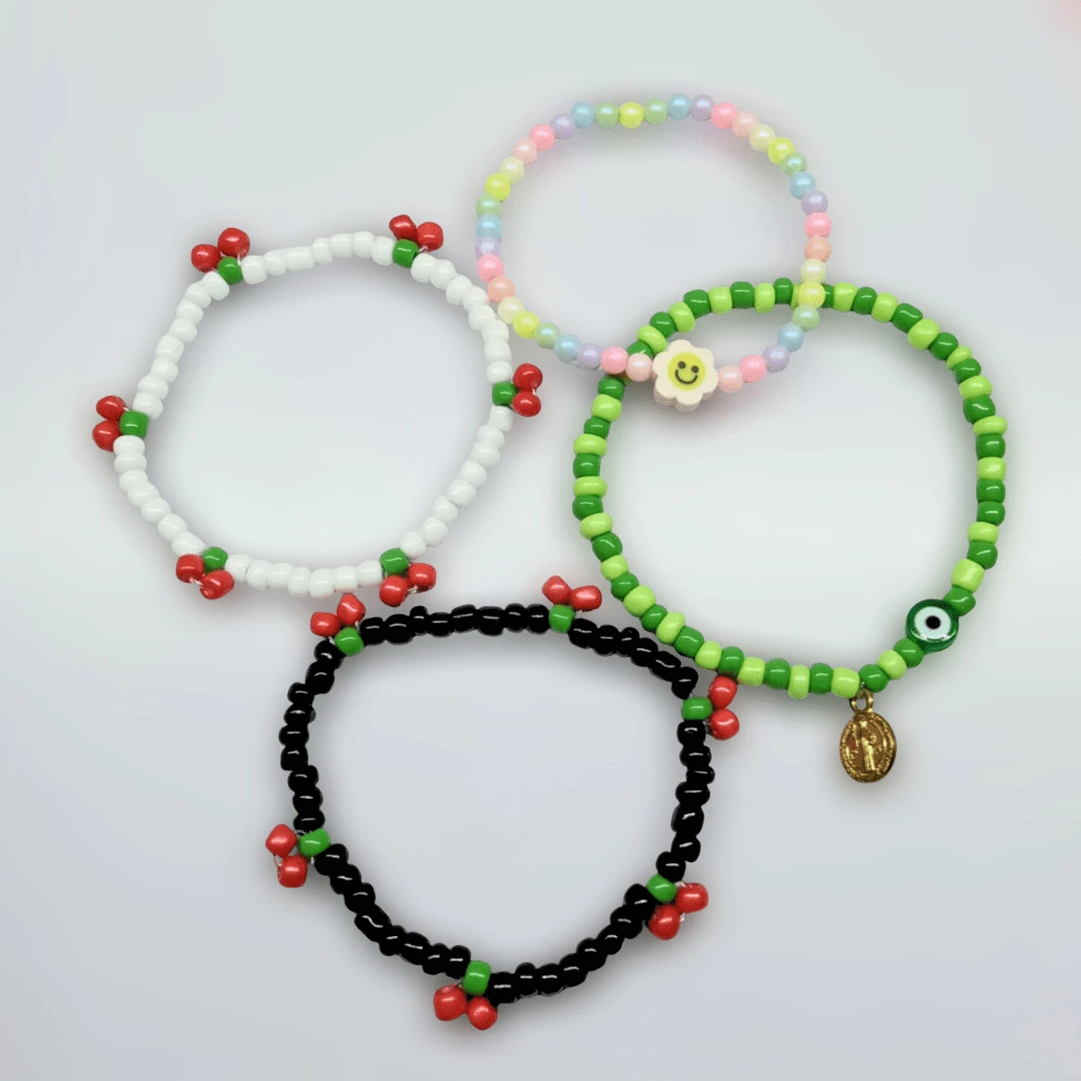 1 pza Pulsera de Cerezas, Ojo Turco, Flor, Pulseras de Moda, Pulseras estirables, Pulseras de chquira, Pulsera good vibes, Pulsera Aesthetic, Accesorios Aesthetic - Multicolor - Ver 1