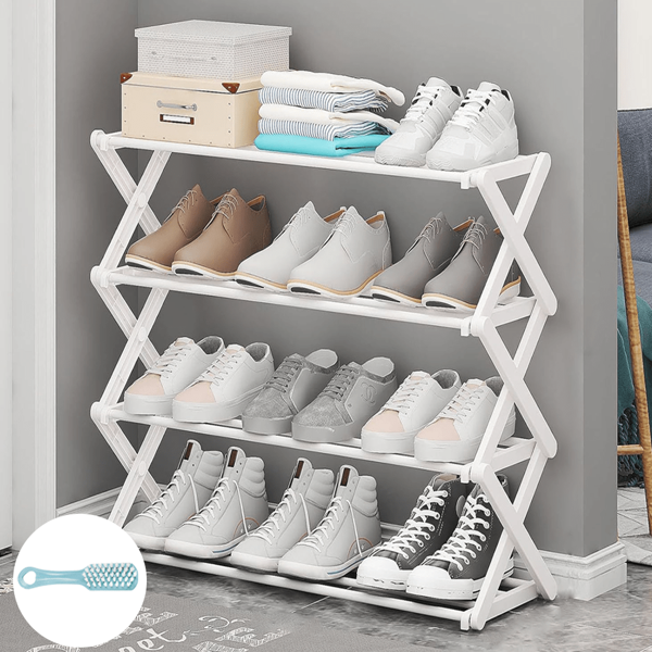 Lislark Shoe Rack 4 Tier 8 Pairs Shoe Rack Stand Storage Self Organiser Lightweight Footwear Compact Save Space Bedroom Porch Hallway Living Room Black White Send A Shoe Brush