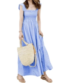 Women's Lightweight Plaid Camisole Dress Square Neck Ruffled Straps Hem, A Line Swing Dress With Elastic Waistband - 藍色 - 查看 2