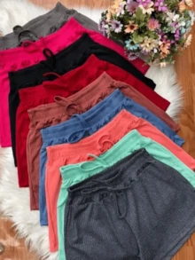 Kit With 4 Women's Shorts Ribbed Knit Short High Waist Shorts With Elastic For Gym Beach Spring Summer Fitness Fashion M G And GG - 藍/紅/綠/黑 - 查看 3