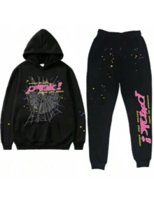 Sudadera con capucha y pantalones de manga larga estilo hip hop de gran tamaño con estampado de letras estilo Harajuku retro para hombre y mujer - traje negro - Ver 1