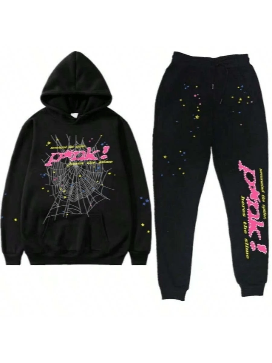 Sudadera con capucha y pantalones de manga larga estilo hip hop de gran tamaño con estampado de letras estilo Harajuku retro para hombre y mujer - traje negro - Ver 1