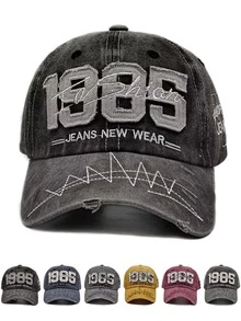 1 件 NUMBER 1985 绗缝棒球帽，正面有 JEANS NEW WEAR 刺绣，侧面有 FAVORITE JEANS 刺绣帽子，Y2K 复古水洗风格太阳帽 - 彩色 - 查看 1