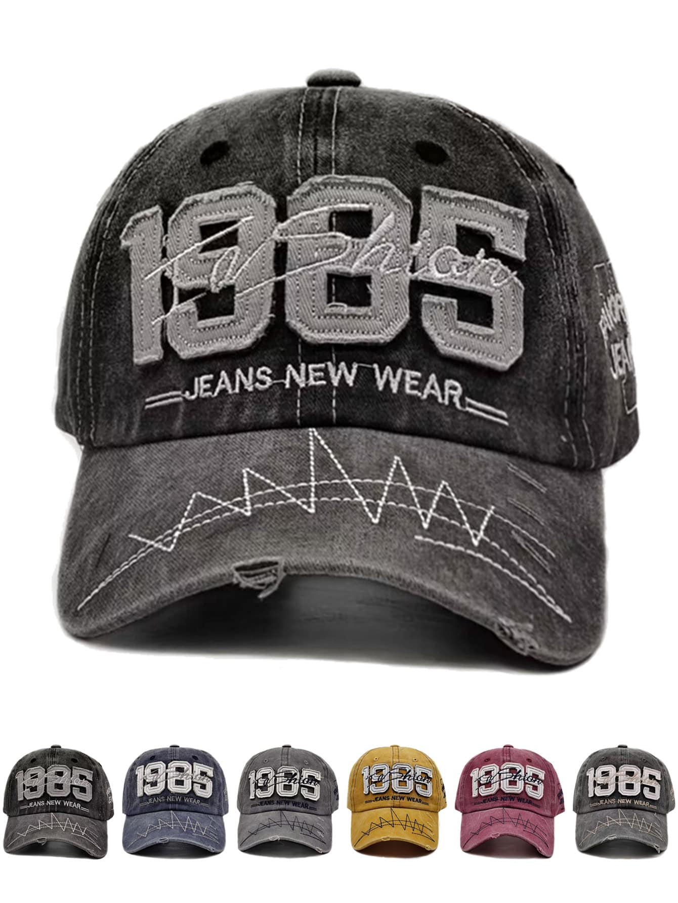 1 件 NUMBER 1985 绗缝棒球帽，正面有 JEANS NEW WEAR 刺绣，侧面有 FAVORITE JEANS 刺绣帽子，Y2K 复古水洗风格太阳帽 - 彩色 - 查看 1