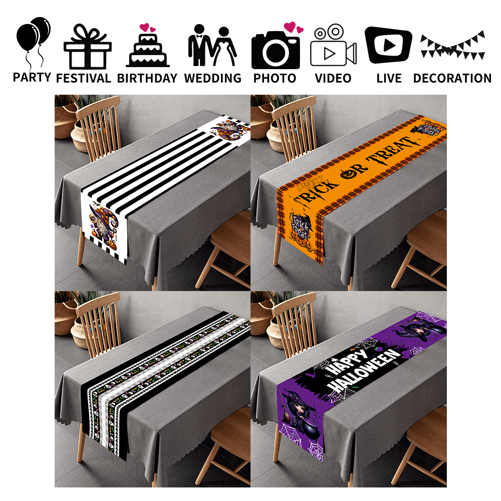 Halloween Pumpkin, Witch & Spider Web Pattern Table Runner - 180*35cm Polyester, Suitable For Farmhouse Decor, Indoor Kitchen Celebration & Anniversary Dining Table