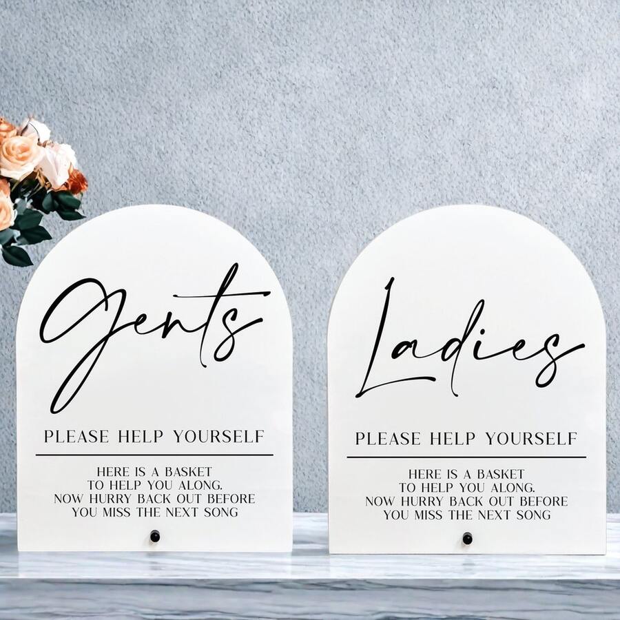1pc Gents & Ladies Acrylic Sign, Gents & Ladies Bathroom Sign,Contemporary Acrylic Wedding Bathroom Sign With Holder - "Please Help Yourself" His & Hers Hospitality Basket Decor, Battery-Free Tabletop Sign For Wedding Receptions & Events,Engagement Party Desk Decor, Reception And Bridal Shower, Acrylic Sign With Stand, Wedding Party Favors