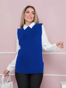 Long Knitted Vest Round Neck Casual Formal Autumn Winter - Royal Blue - View 1