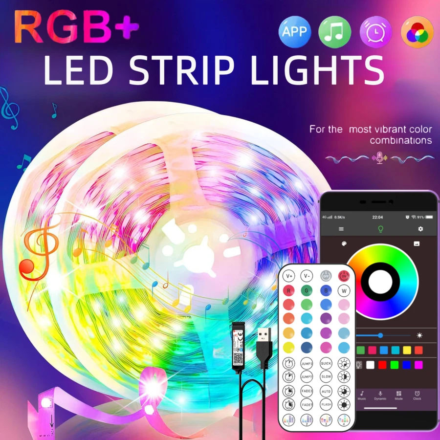 HBOWMDJIA 16-100 Feet USB Lights With 44-Key Remote + App Smart Control , Night Light /TV Backlight Lights With Timing RGB Color Changing,LED Strip Lights For Bedroom,Holiday Decoration ,Lights Gifts Home Room Decor Wall Decor Halloween Party - APP control + remote control - 查看 1