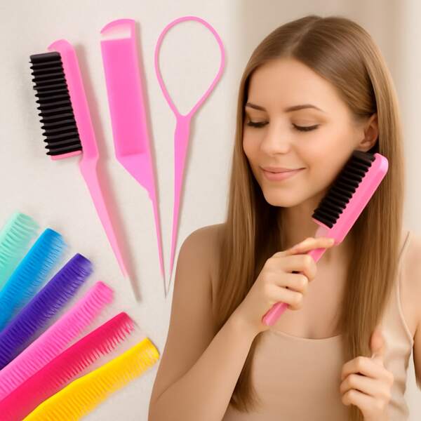 5Pcs /12pcs/Set Slick Back Brush Set Hairdressing Hair Comb Hair Empty Bottle Anti-Static Hair Comb With Topsy Tail Tool, Teasing Bristle, Rat Comb For Women & Girls Hair Styling, Flyaways Control And Edge Combing