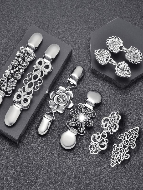 مقاطع معطف كارديجان أنيقة للنساء، مشابك تضييق الخصر، مشابك ثوب قميص، مشابك معطف أنماط زهور فضية، مشابك وشاح كارديجان للخصر، مشابك وإبزيم ملحقات ثوب إكسسوار