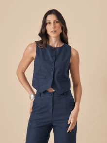 Linen Set With High Collar Vest And Pants With Lined Button Details - 藏蓝色 - 查看 2