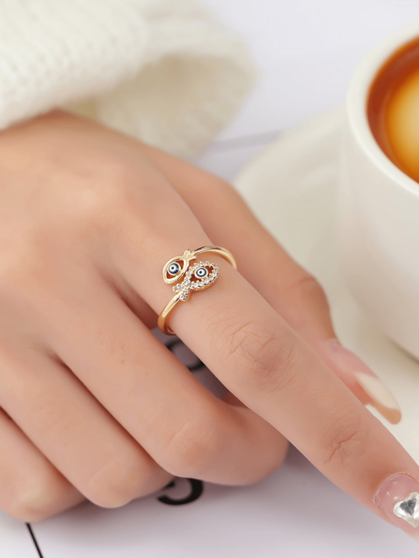1 pezzo Anello minimale alla moda e chic con pesce e occhio malvagio incrostati di cristalli