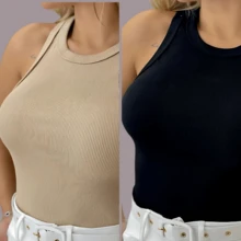 Kit de 2 Regatas Ribana Feminina  Ideal para Looks Casuais e Confortáveis Perfeitas para o Dia a Dia - Bege e Preto - Visão 3
