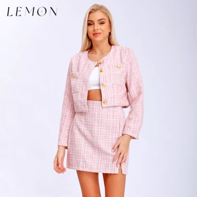 LEMON COLLECTION LEMON Conjunto de vestido para mujer de primavera, verano y otoño, con chaqueta clásica y moderna de un solo botón en color sólido y falda ajustada, dos piezas. Elegante, a la moda y de lujo