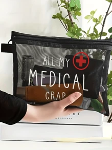 Sac en maille pour médicaments "ALL MY MEDICAL CRAP" - Sac de maquillage en nylon noir avec lettrage blanc, organisateur de maquillage et de soins de la peau. Sac de rangement portable pour le voyage et la salle de bain pour les huiles pour les lèvres, les bijoux et les produits médicaux essentiels. Un indispensable pour la rentrée scolaire.