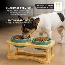 MUNDO DA PORCELANA Double Elevated Drinking Bowl For Dogs Cats In Porcelain 320ml White Pink Green - Green - View 3