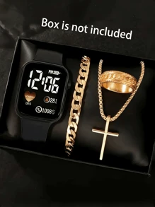 1 pièce Montre numérique carrée pour homme et 3 pièces Bracelet Collier Bague, le meilleur cadeau pour Halloween