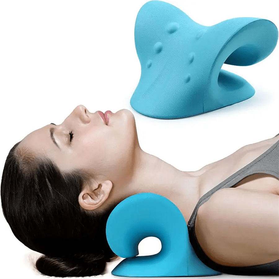 One Piece Neck And Shoulder Relaxer, Cervical Traction Device, Cervical Traction Pillow For Muscle Relaxation, Medium Hardness, Non-Woven Material, EVA Foam With Bamboo Fiber Cover (Blue)