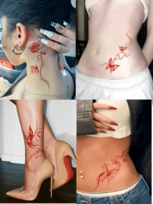 8 张蝴蝶临时纹身贴，男女适用，防水防汗，持久逼真假纹身贴纸，适用于手臂、腿部、背部、腰部，不反光现代人体艺术，长方形 - 紅色 - 查看 3