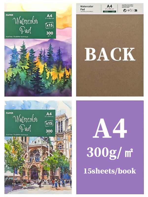 1 Stück Premium Aquarellmalblock Zeichnungsbuch A4 11.6x8.3inches/A5 8.3x5.7inches 15 Blatt pro Buch 300g/m² A4/A5 Verdickter Aquarellmalblock für Kunststudenten, Anfänger Aquarellmalbücher, Handgemalte Zeichnungs-Aquarellbücher für Studenten, Schulmaterial, Rückkehr zur Schule