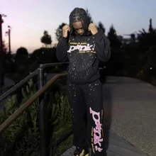 Sudadera con capucha y pantalones de manga larga estilo hip hop de gran tamaño con estampado de letras estilo Harajuku retro para hombre y mujer - traje negro - Ver 3