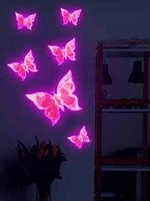 6pcs Pink-Purple Glow-In-The-Dark Small Butterfly Wall Sticker, Bedroom & Living Room Decorative Light-Up Butterfly Sticker