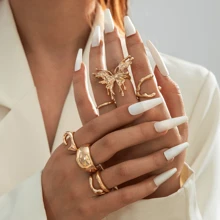 Juego de 7 pzs/4 pzs Anillos de mujer con flores recargadas al estilo europeo y americano, de aleación, con moño irregular retro francés, adecuado para decoración diaria o como regalo de mujer