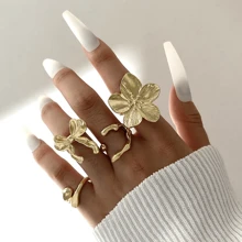 Juego de 7 pzs/4 pzs Anillos de mujer con flores recargadas al estilo europeo y americano, de aleación, con moño irregular retro francés, adecuado para decoración diaria o como regalo de mujer