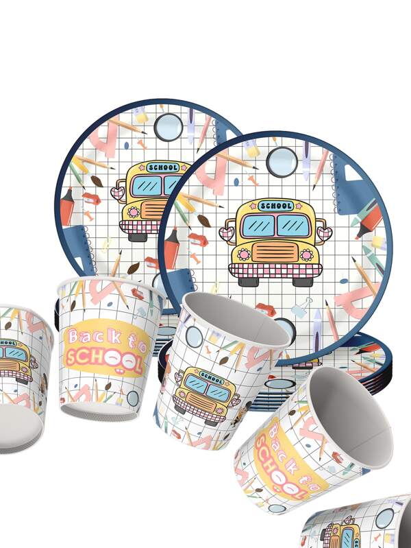 1 Set Back To School Cartoon Paper Cups And Plates Disposable Set,Back To School Distribution,With Cute Cartoon Stationery Pattern,Back To School Party Decorations,Supplies Favor For First Day Of School Party, Back To School Party Tableware Set,Gifts For Students