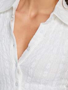 Womens Lace Shirts Fashionable Solid Color Lapel V Neck Short Sleeve Slim Fit Tops Casual Daily - White - View 4