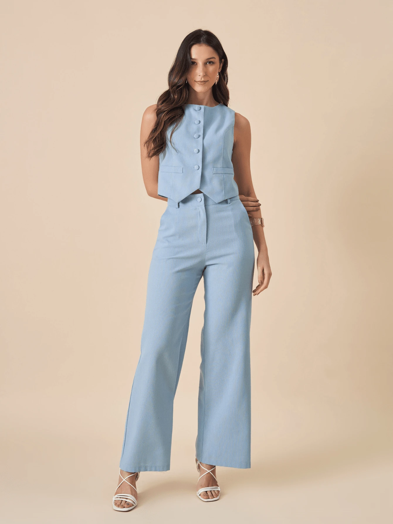 Linen Set With High Collar Vest And Pants With Lined Button Details - 淺藍色 - 查看 1