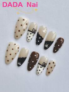 10 件手工按压式杏仁形指甲，法式美甲，白色、裸色、黑色、棕色指甲，波尔卡圆点，蝴蝶结装饰，Y2K 美甲，春、夏、秋、冬按压式假指甲全覆盖指甲片，四季美甲家居 DIY 美甲，美甲用品美甲用品，可拆卸和可重复使用，配有美甲套装，是送给女性的最佳礼物。