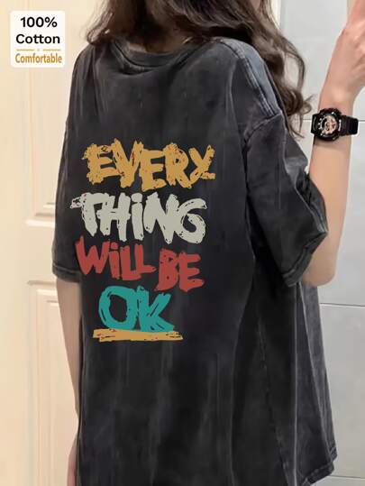 Vintage Printed Oversized Wash Cotton Graphic Short Sleeve T-Shirt, Loose Fit & Slim, Stylish Classic Black Top