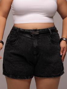 Women's Plus Size Marbled Dark Jeans Shorts 100% Cotton High Waist Comes With Belt