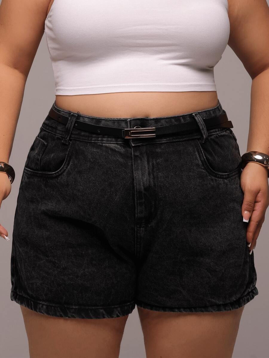 Women's Plus Size Marbled Dark Jeans Shorts 100% Cotton High Waist Comes With Belt
