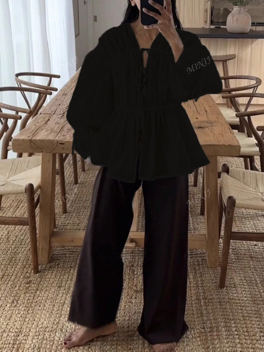 1 pieza Camisa suelta con diseño de cintura con nudo, elemento esencial versátil y adecuado para todo tono de piel para mujer