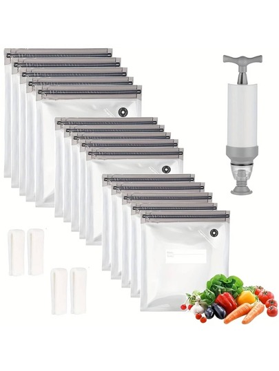 20pcs/Set Reusable Vacuum Food Storage Bags, Includes 1 Vacuum Pump For Sealing, Sealing Clips, Thick Vacuum Preservation Bags, Packaging Bags, Vacuum Pump Sealing Bags, Household Food Bags Compression Bags, Package Cooked Food Bags.Very Suitable For Preserving Fruits And Cooked Foods, These Bags Are The Perfect Choice For Organizing Your Kitchen And Storing Food In The Refrigerator.